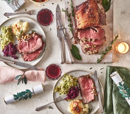 British Sirloin Topped with Bacon, Chestnut & Shallot Stuffing British Sirloin Topped with Bacon, Chestnut & Shallot Stuffing