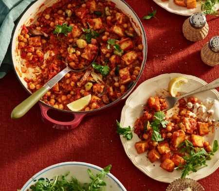 Halloumi & Chickpea Stew with Paprika-Roasted Potatoes