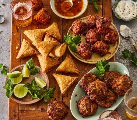 Onion & Kale Bhajis, Vegetable Samosas and Pakoras